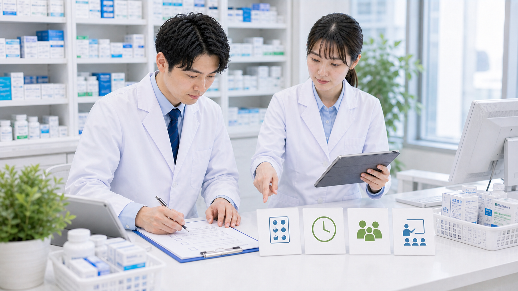 薬剤師が面接後に業務量と確認事項を記録している画像