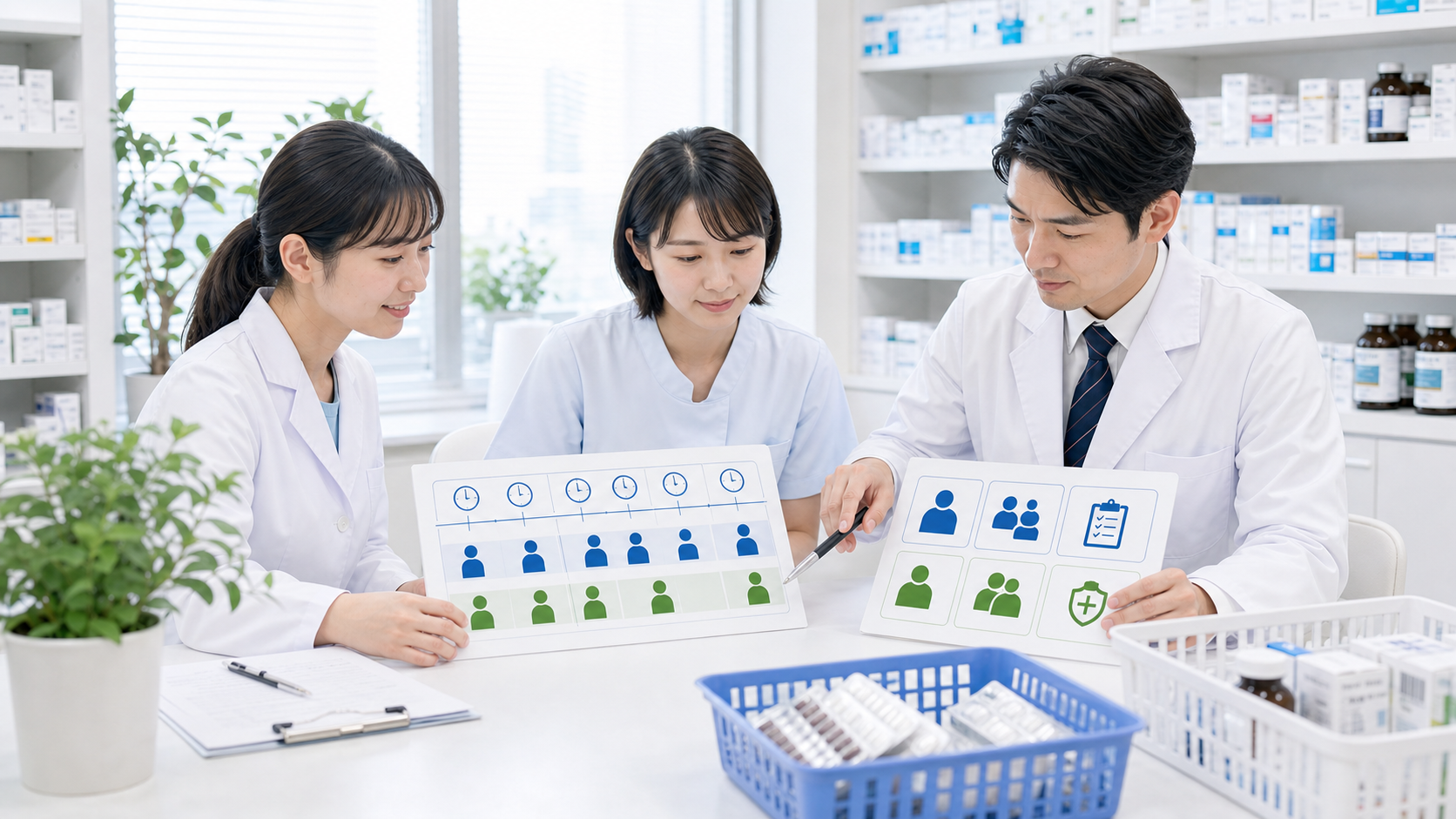 薬剤師と医療事務が繁忙時間帯の人員体制を確認している画像