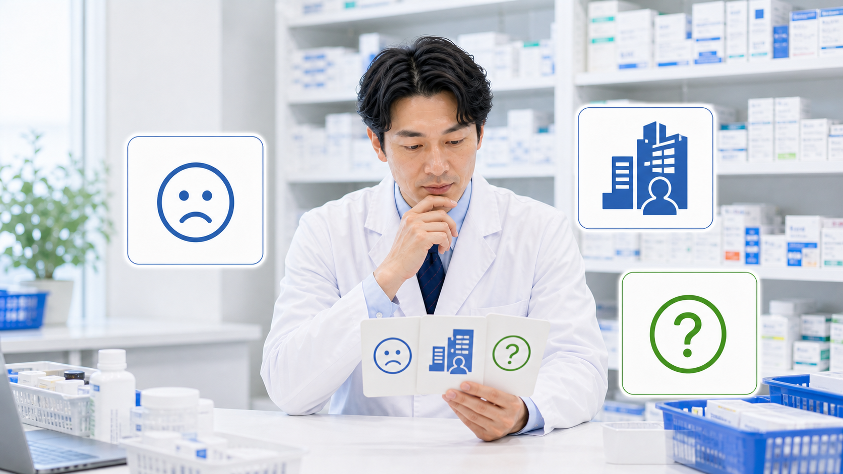 薬剤師が不満、職場条件、確認質問の3つのカードを整理している画像