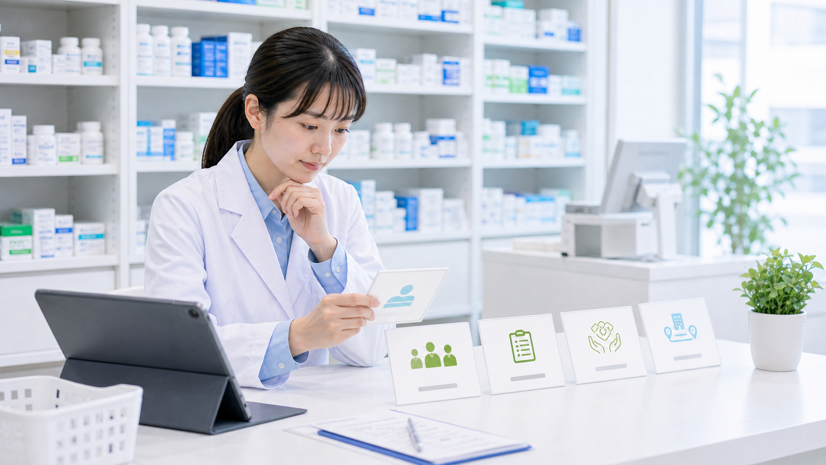 薬剤師が人員体制、休憩、支援体制、異動範囲の条件カードを確認している画像