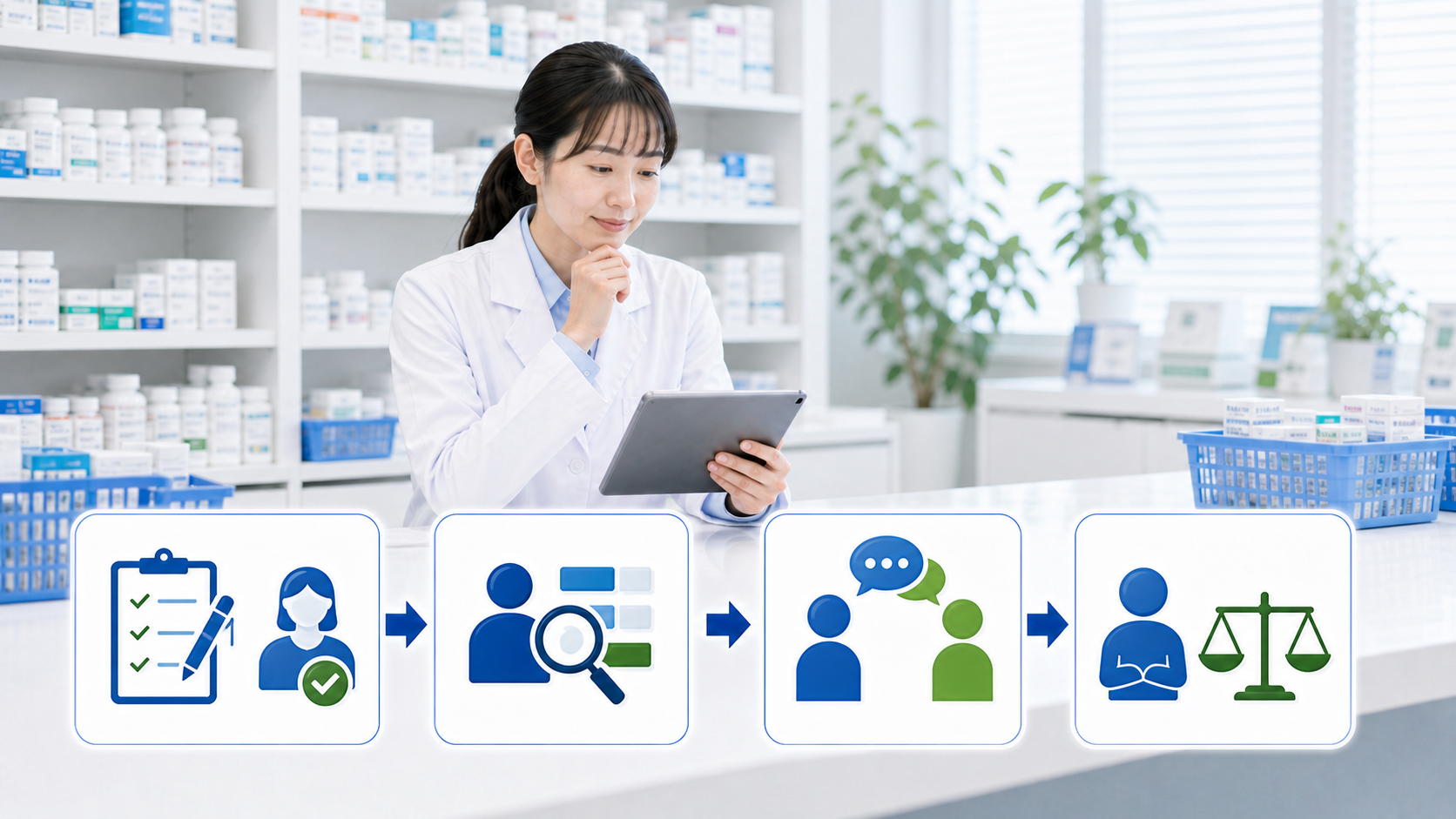 薬剤師が事実記録、条件整理、質問作成、冷静な判断へ進む流れを確認している画像