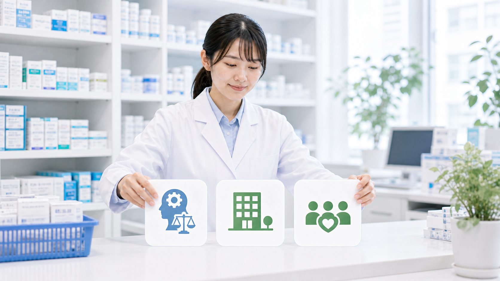 薬剤師が優先順位、職場条件、支援体制の3つのカードをまとめている画像