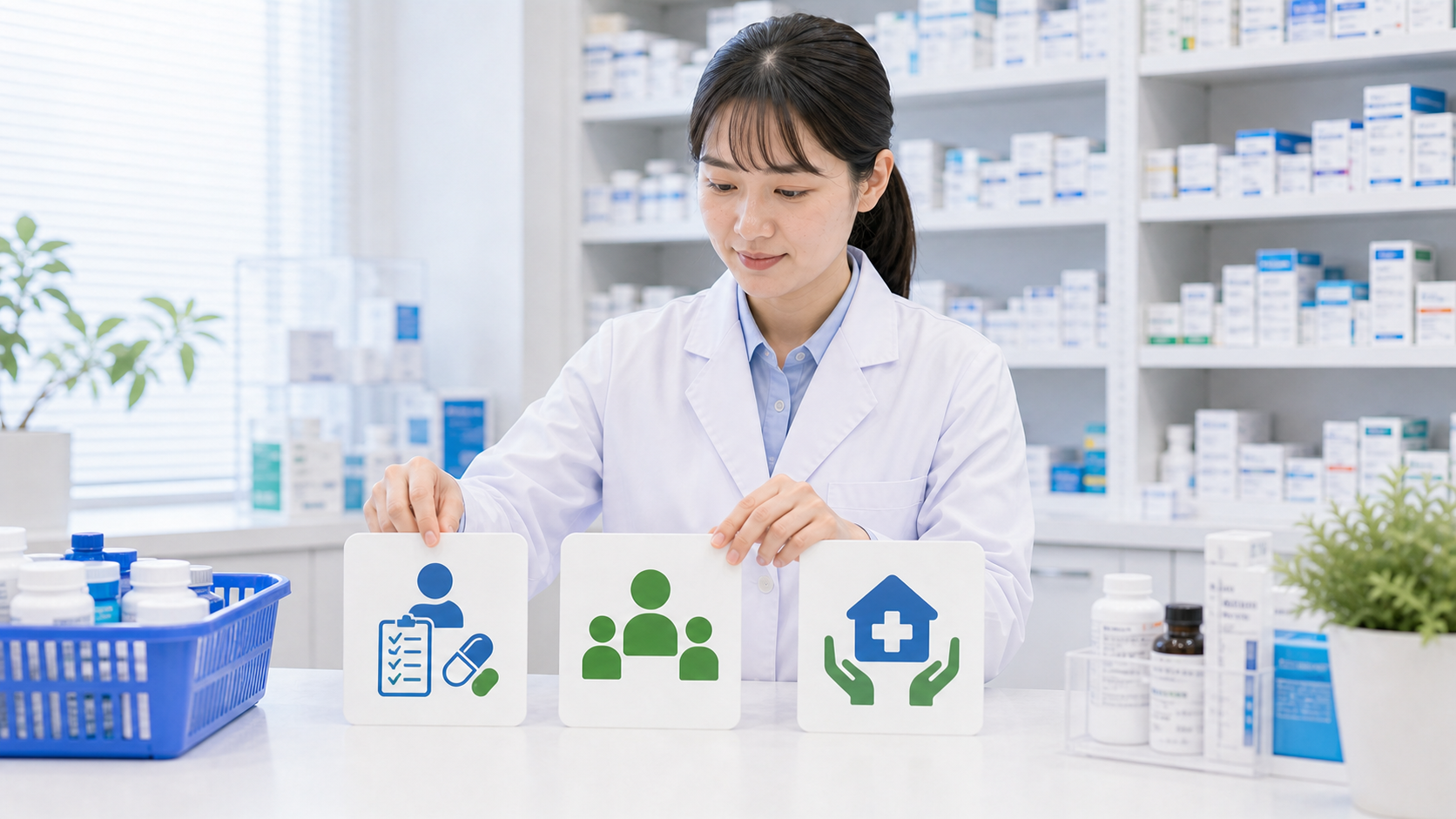 薬剤師が役割、責任範囲、職場環境の3枚のカードを並べて確認している画像
