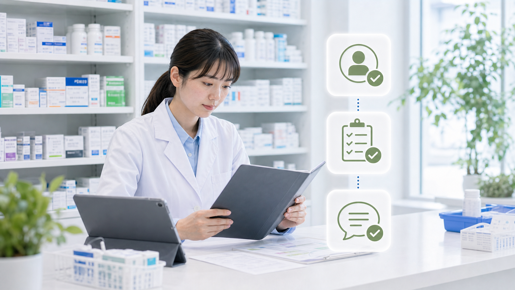 薬剤師が職務経験、担当業務、相談記録を整理している画像