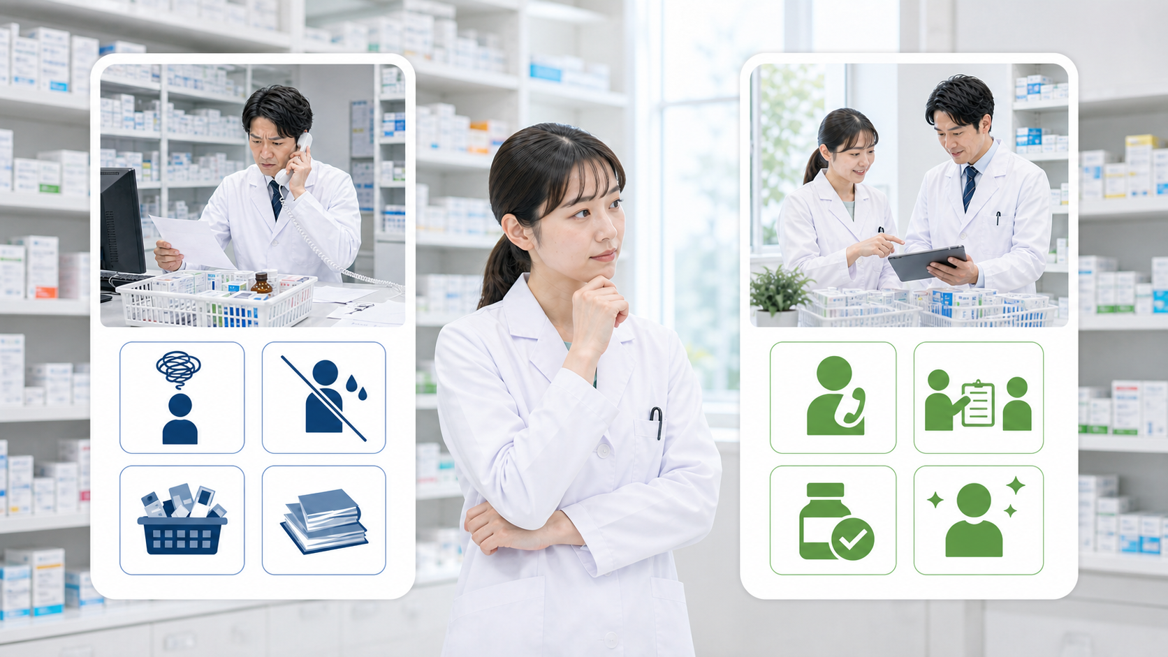 薬剤師が今の職場条件と外部条件を比較している画像