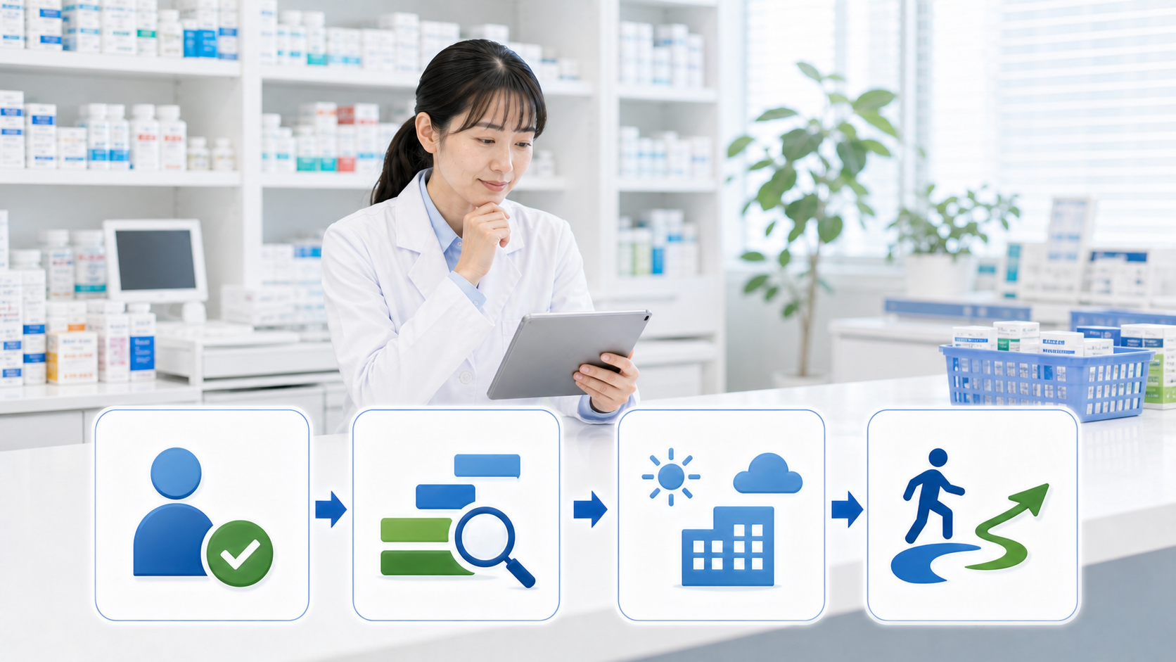 薬剤師が経験の記録、条件比較、次の行動へ進む流れを確認している画像