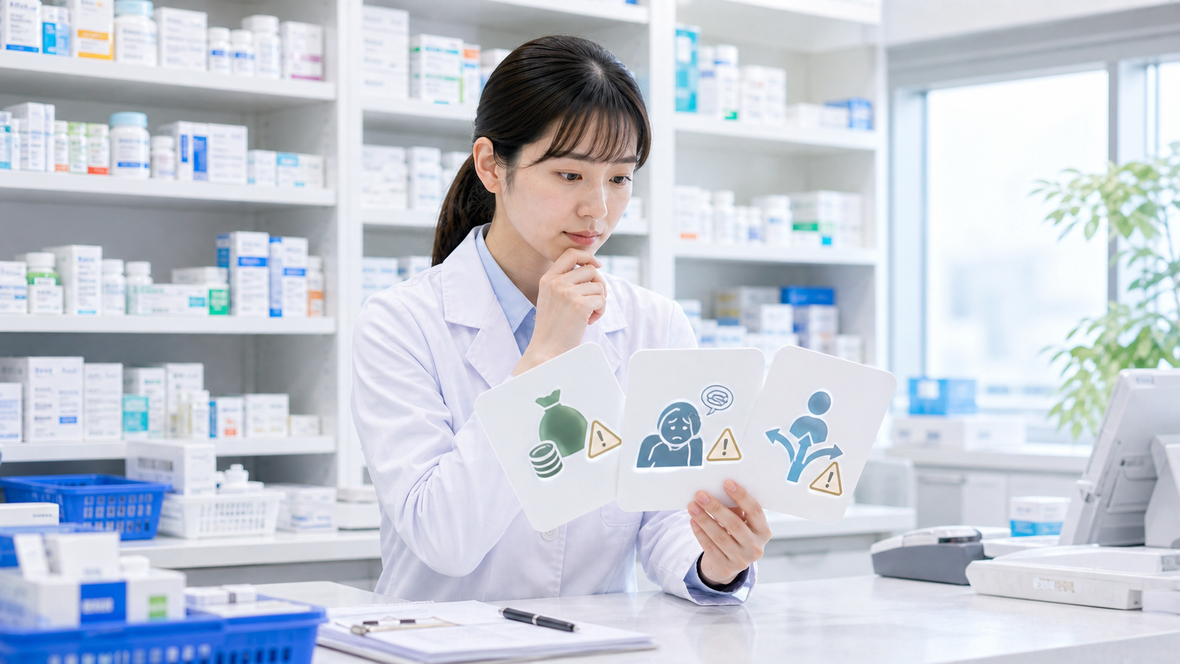 薬剤師が市場価値確認で避けたい判断カードを確認している画像