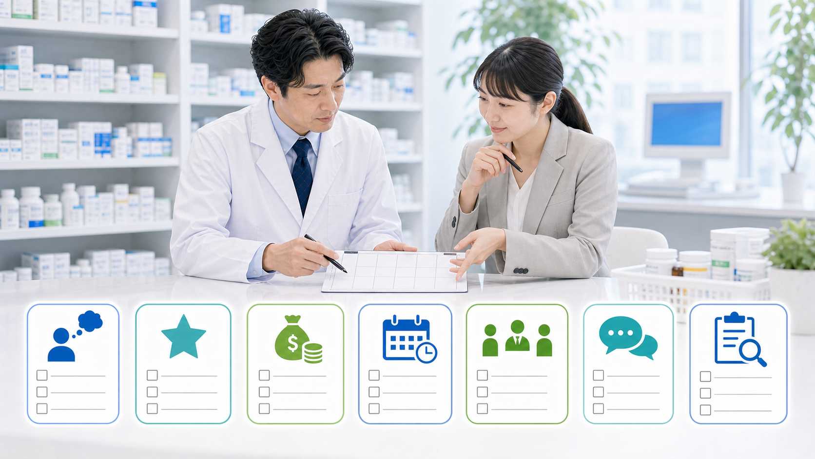 薬剤師が転職理由、希望条件、勤務、責任、連絡、確認質問の7項目を整理する画像