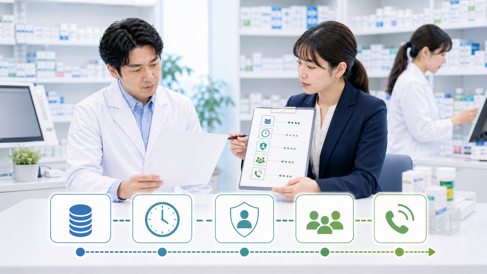 薬剤師と相談担当者が報酬、時間、責任、人員、支援を並べて確認する画像