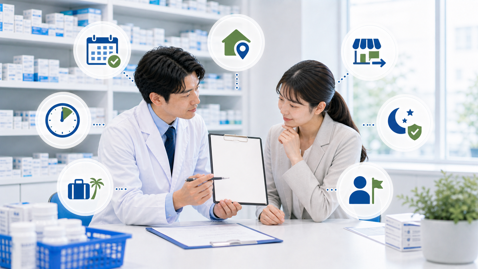 薬剤師が勤務時間、休日、勤務地、応援、転勤範囲を確認する画像