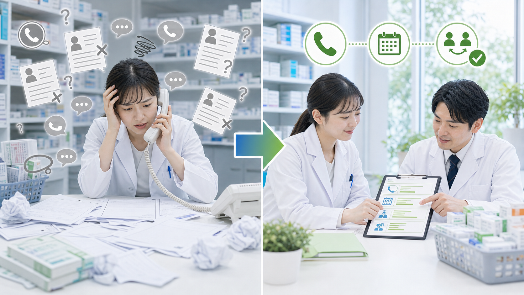 連絡条件が曖昧な状態と連絡方法や時間を決めた状態を比較する画像