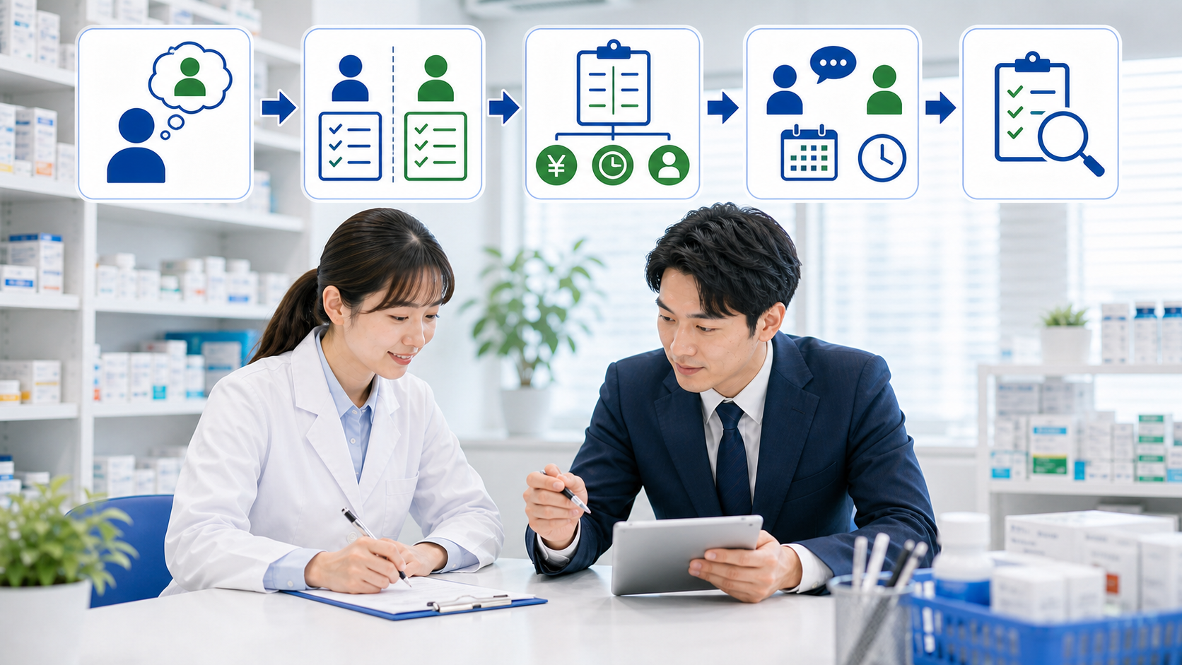薬剤師が転職理由、条件分け、待遇と責任、連絡方法、確認質問を順に整理する画像