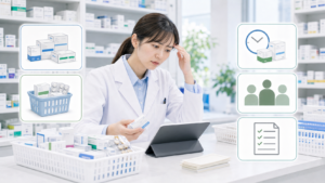 薬局で在庫管理がつらくなる構造を在庫棚、欠品、期限確認、供給情報のカードで示すサムネイル画像