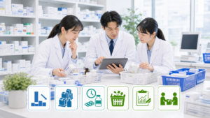 薬局スタッフが在庫棚、発注メモ、期限確認、供給情報カードを確認している画像