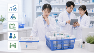 薬局スタッフが欠品リスクと過剰在庫リスクを在庫カードで比較している画像