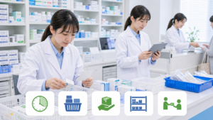 薬局スタッフが薬棚の期限確認と不動在庫の整理をしている画像