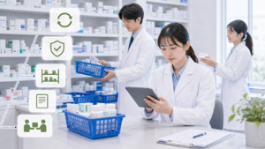 薬局スタッフが供給情報、回収情報、在庫棚を確認している画像