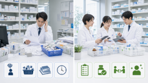 在庫管理を個人で抱える薬局とチームで共有する薬局を左右比較する画像