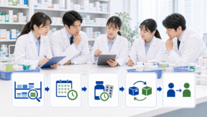 薬局で在庫管理を残数確認、期限確認、供給情報確認、記録、引き継ぎに分ける流れを示す画像