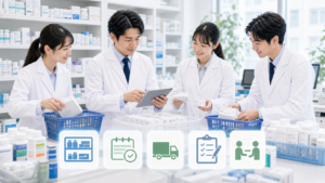 薬局チームが在庫管理の確認事項を共有しているまとめ画像