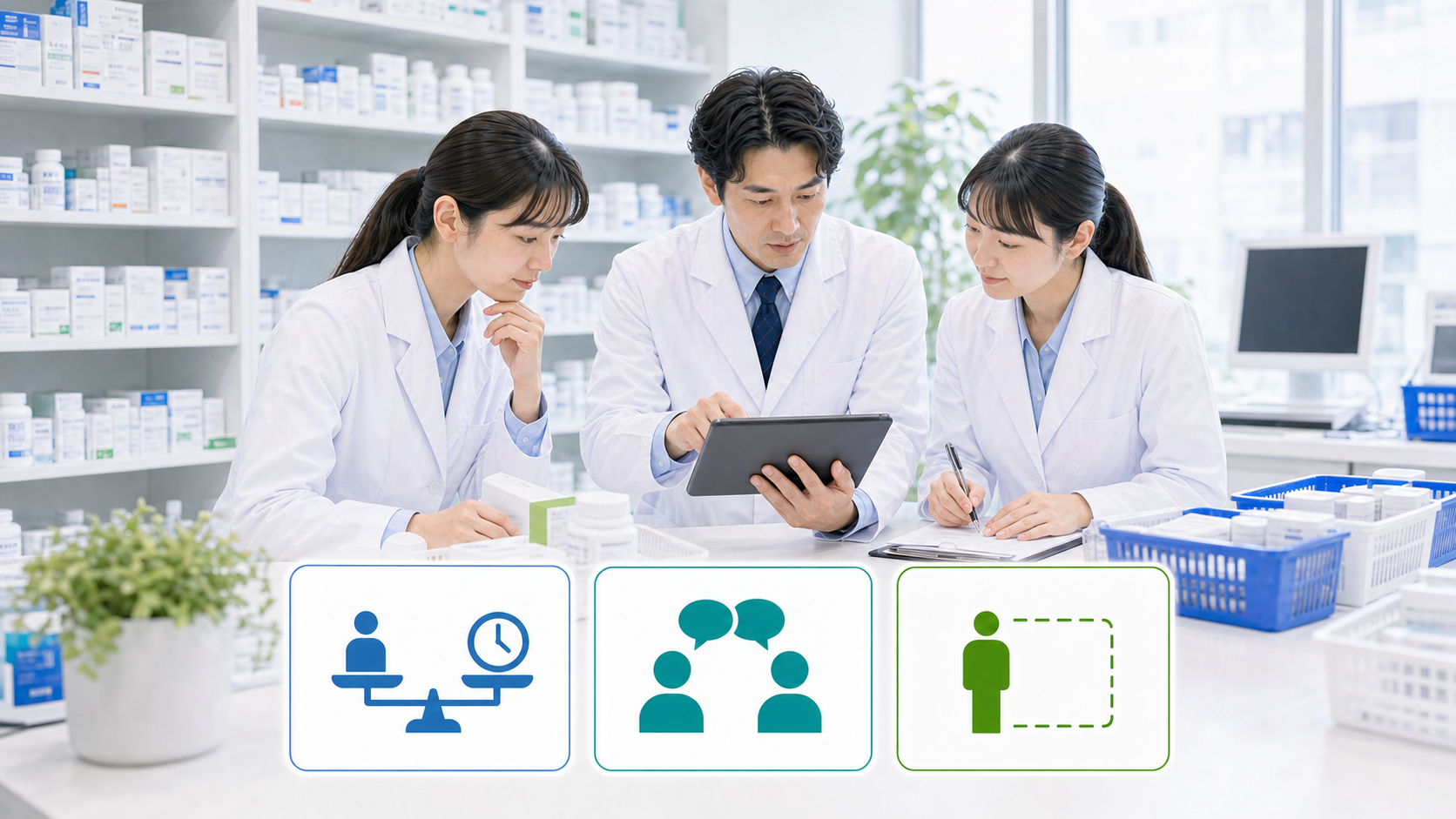 薬局スタッフが業務量、支援体制、責任と権限の3つの判断カードを確認している画像