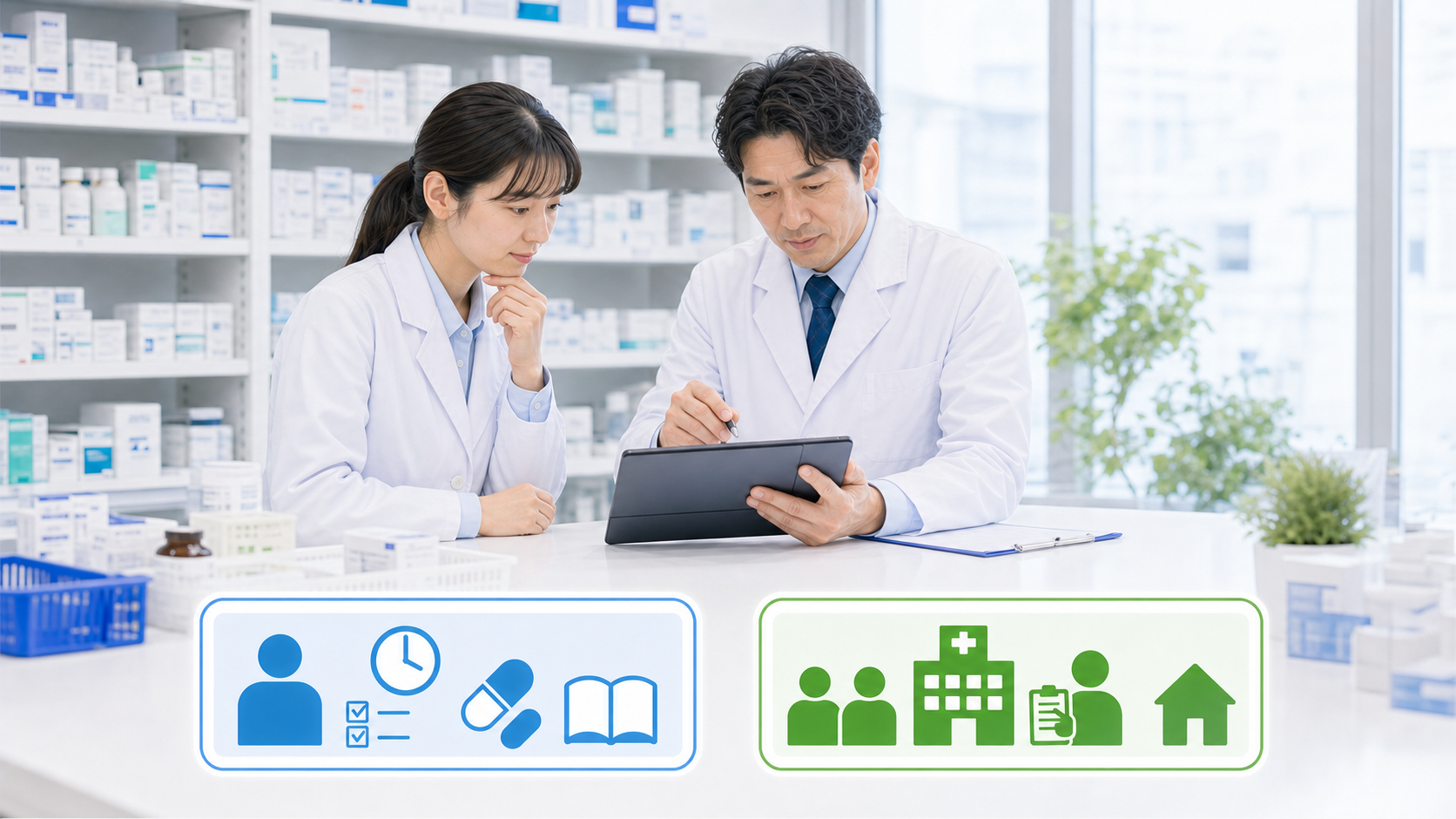 薬局スタッフが自分で変えられる問題と職場構造の問題を2つのカードで分けている画像