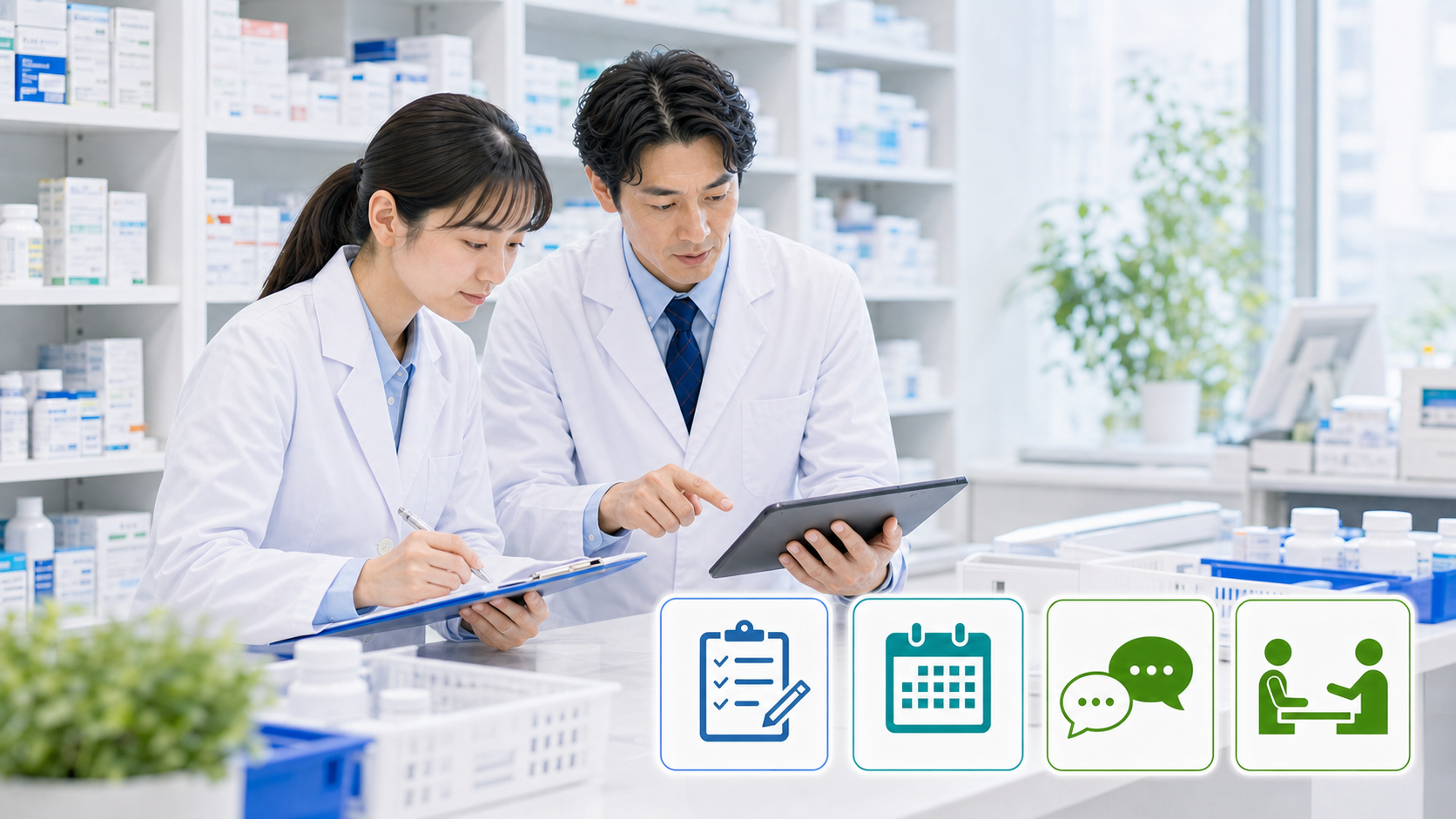 薬局スタッフが勤務記録、相談メモ、業務量チェックを整理している画像