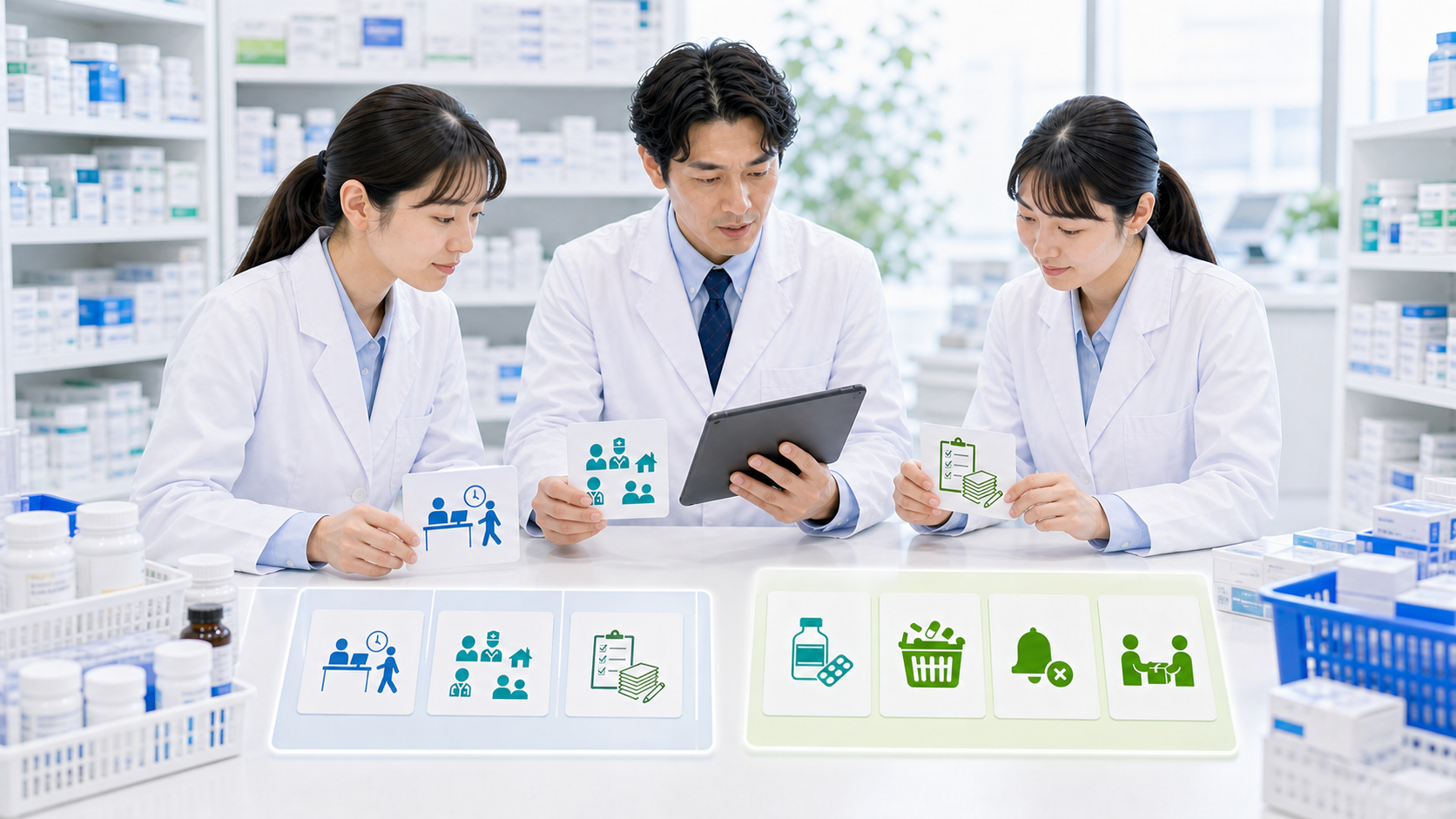 薬局スタッフが残る場合の確認項目と注意項目をカードで見比べている画像