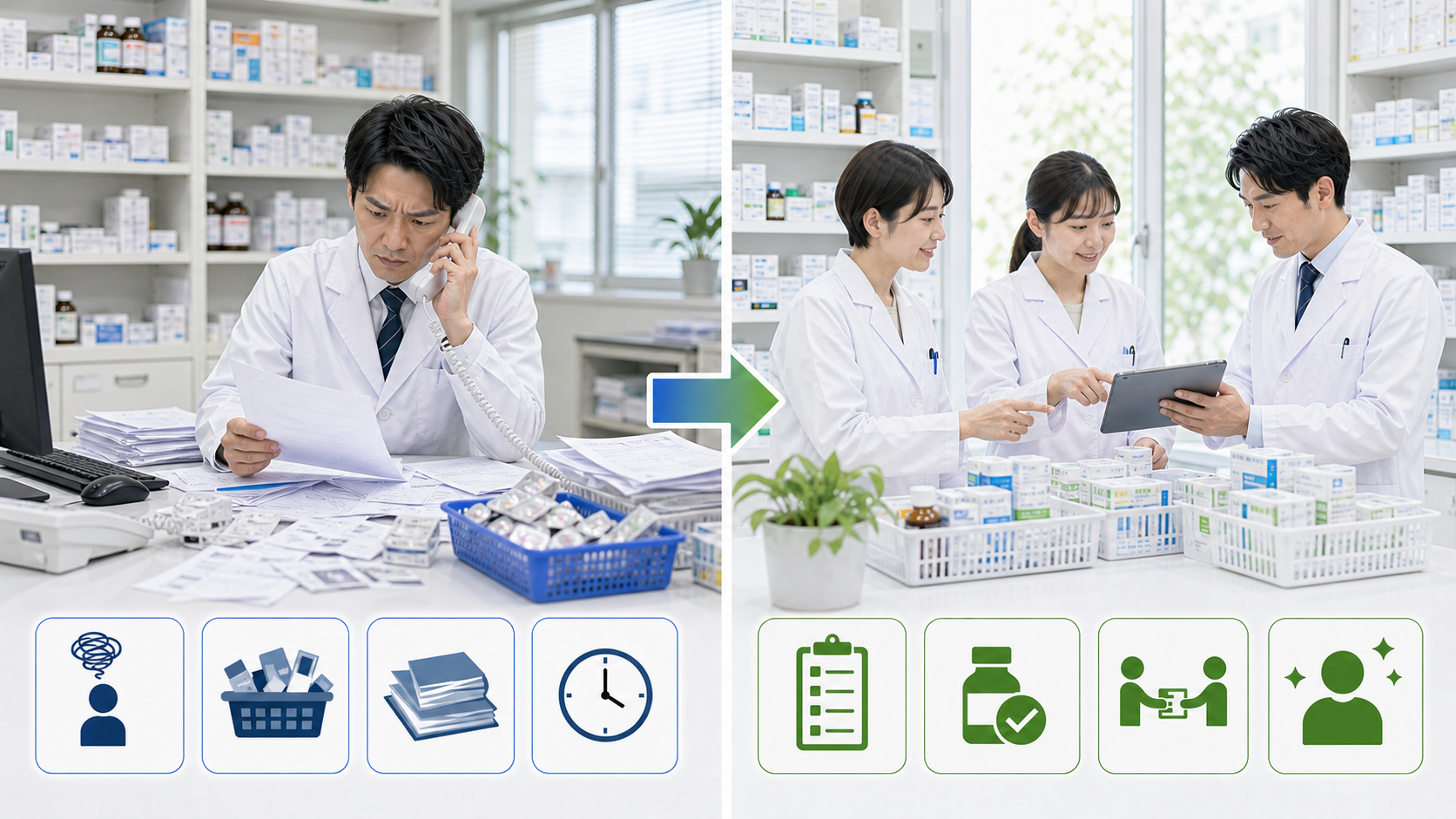 今の薬局と次に確認すべき職場条件を比較する薬局スタッフの画像