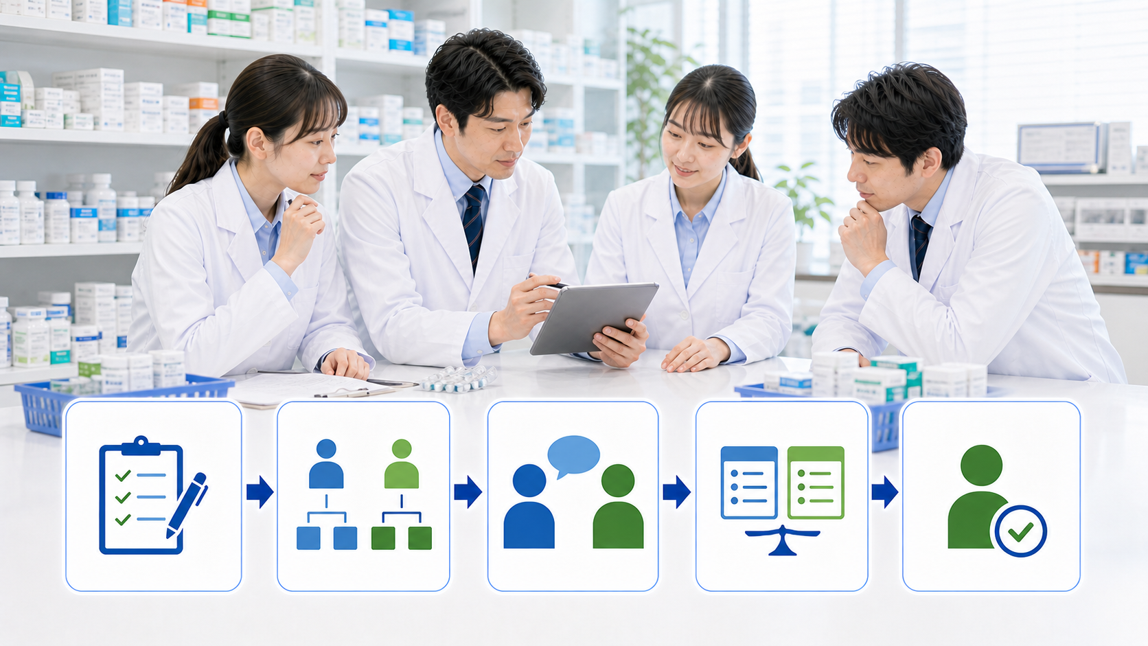 薬局を辞める前に事実記録、相談、改善確認、条件比較へ進む流れを示す画像