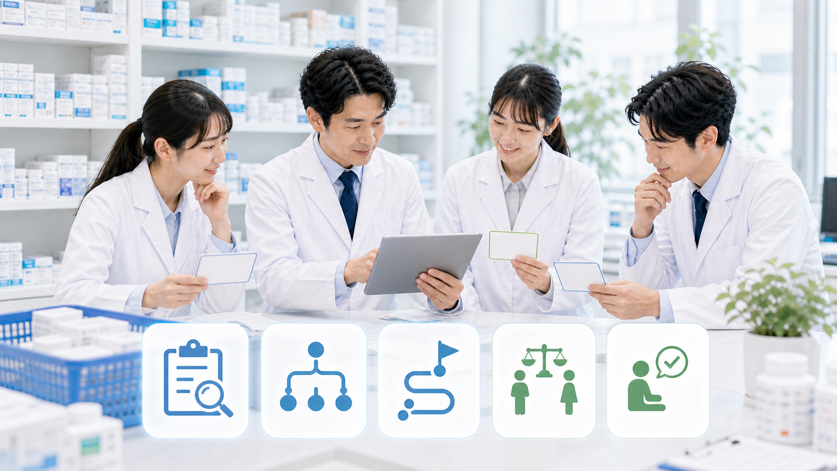 薬局を辞めた方がいいか判断する流れをまとめた薬局スタッフとチェックカードの画像