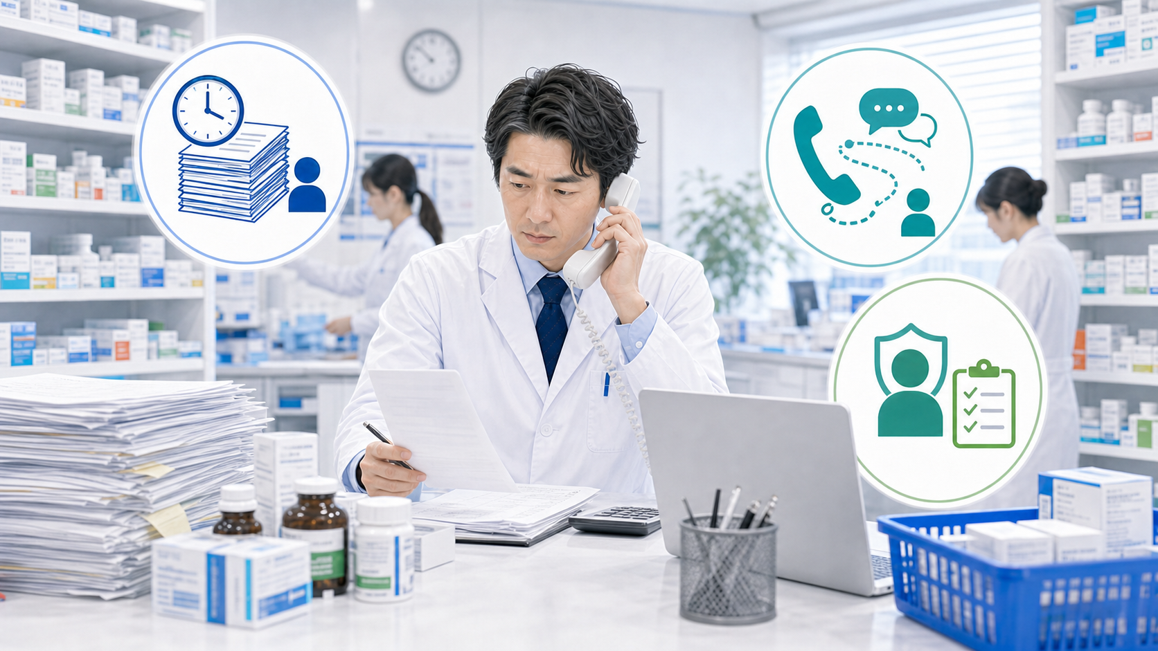 一人薬剤師が業務量、中断、判断責任を抱えて限界を感じる構造を示すサムネイル画像
