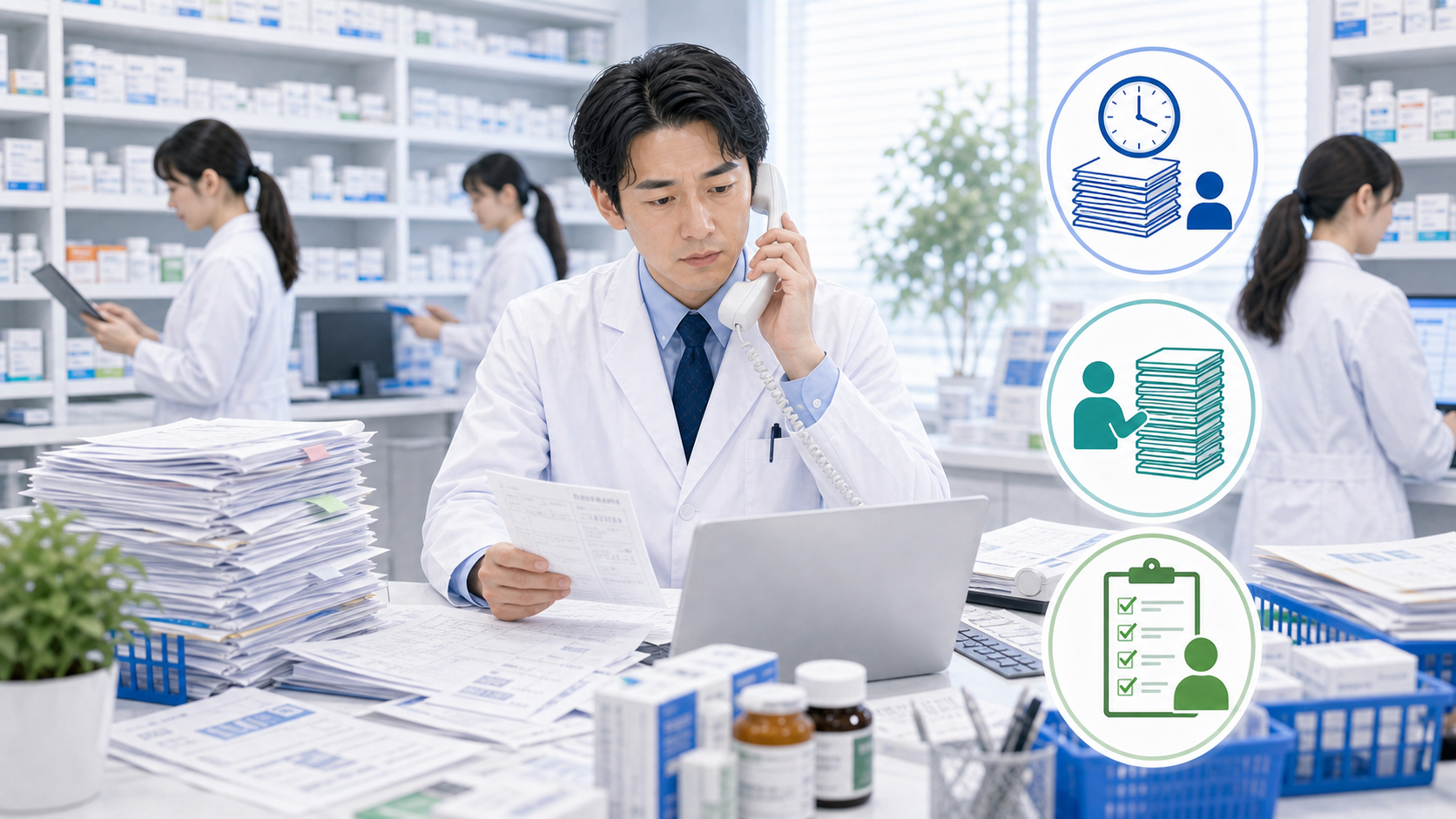 一人薬剤師が電話と書類と薬局業務の中断に追われる様子を示す画像