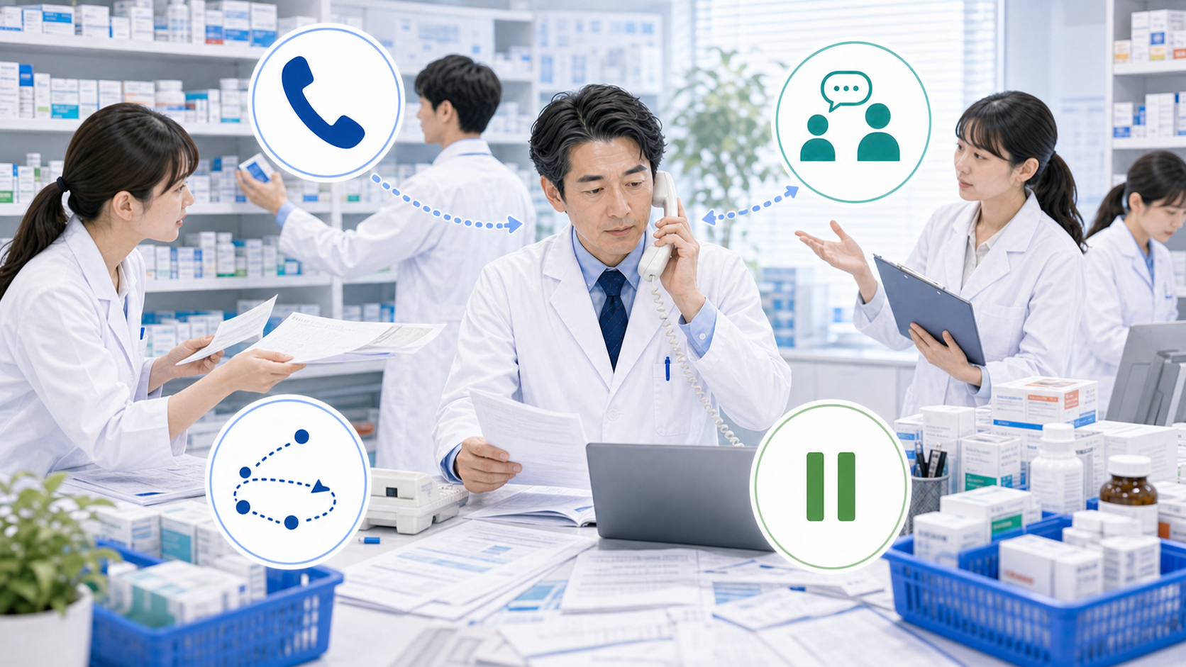 薬局で電話、スタッフ相談、患者対応が一人薬剤師へ戻ってくる構造を示す画像