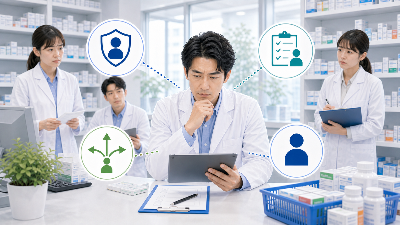 一人薬剤師に判断と責任が集中している構造を示す薬局画像