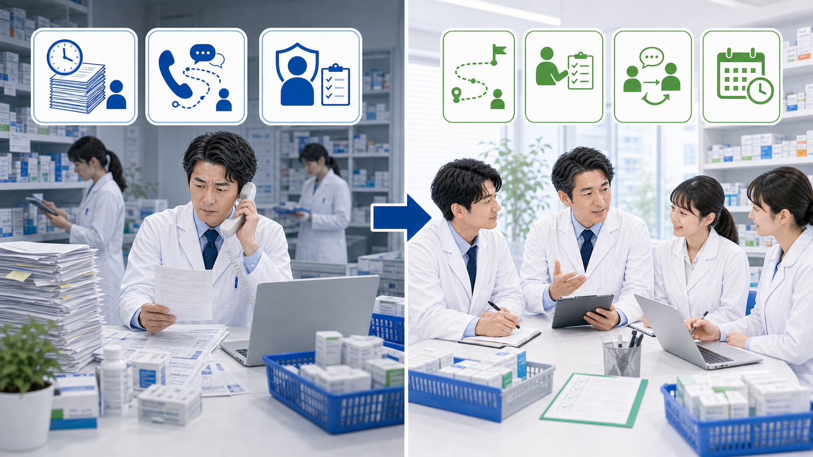 一人で抱える薬局と負荷を分ける薬局の違いを左右で比較する画像