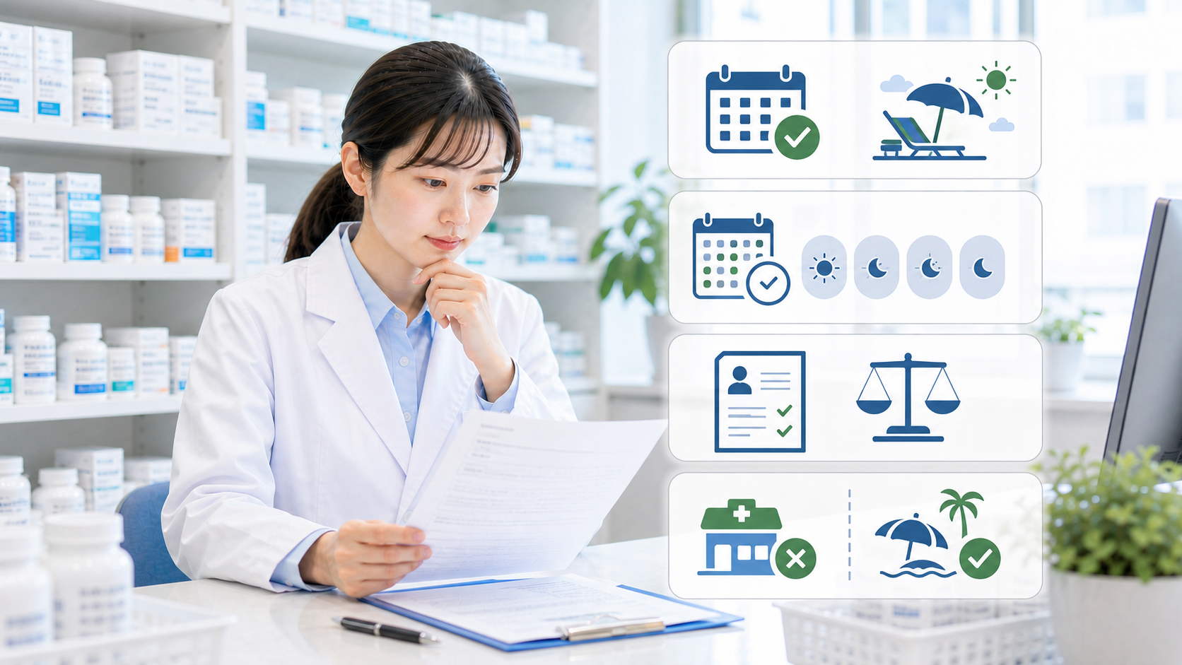 薬剤師が年間休日の求人をカレンダーと労働条件通知書で確認しているサムネイル画像
