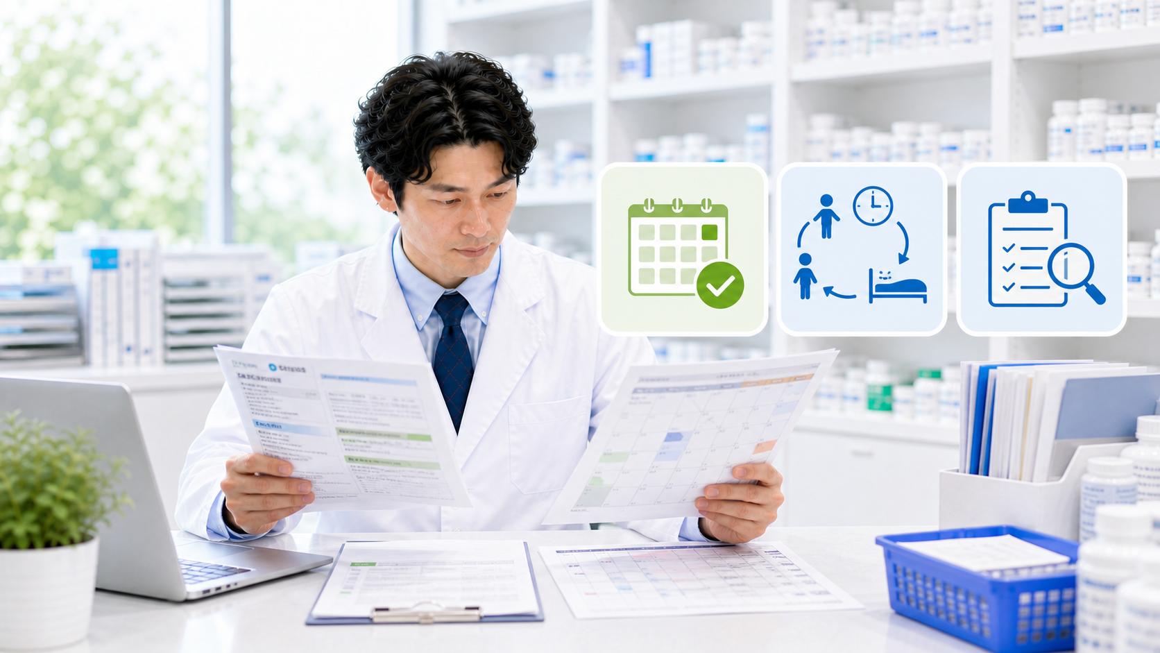 薬剤師が年間休日の求人票とカレンダーとシフト表を比較している画像