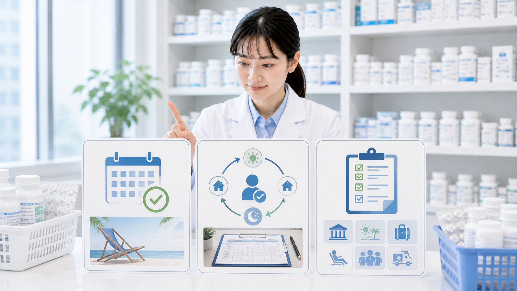 薬剤師が年間休日と週休パターンと休暇の扱いを3軸で整理している画像
