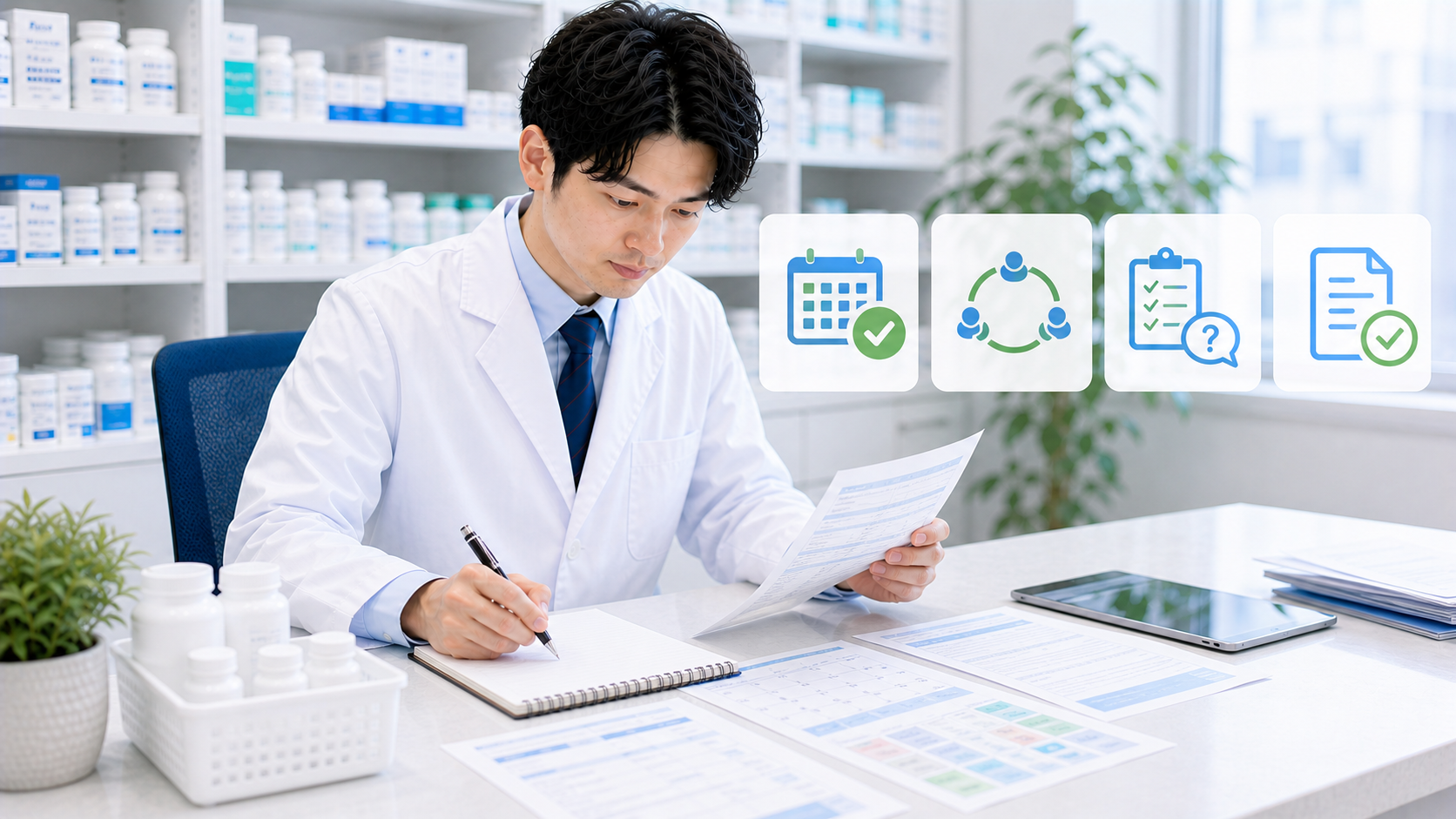 薬剤師が週休2日と完全週休2日の運用をメモしている画像
