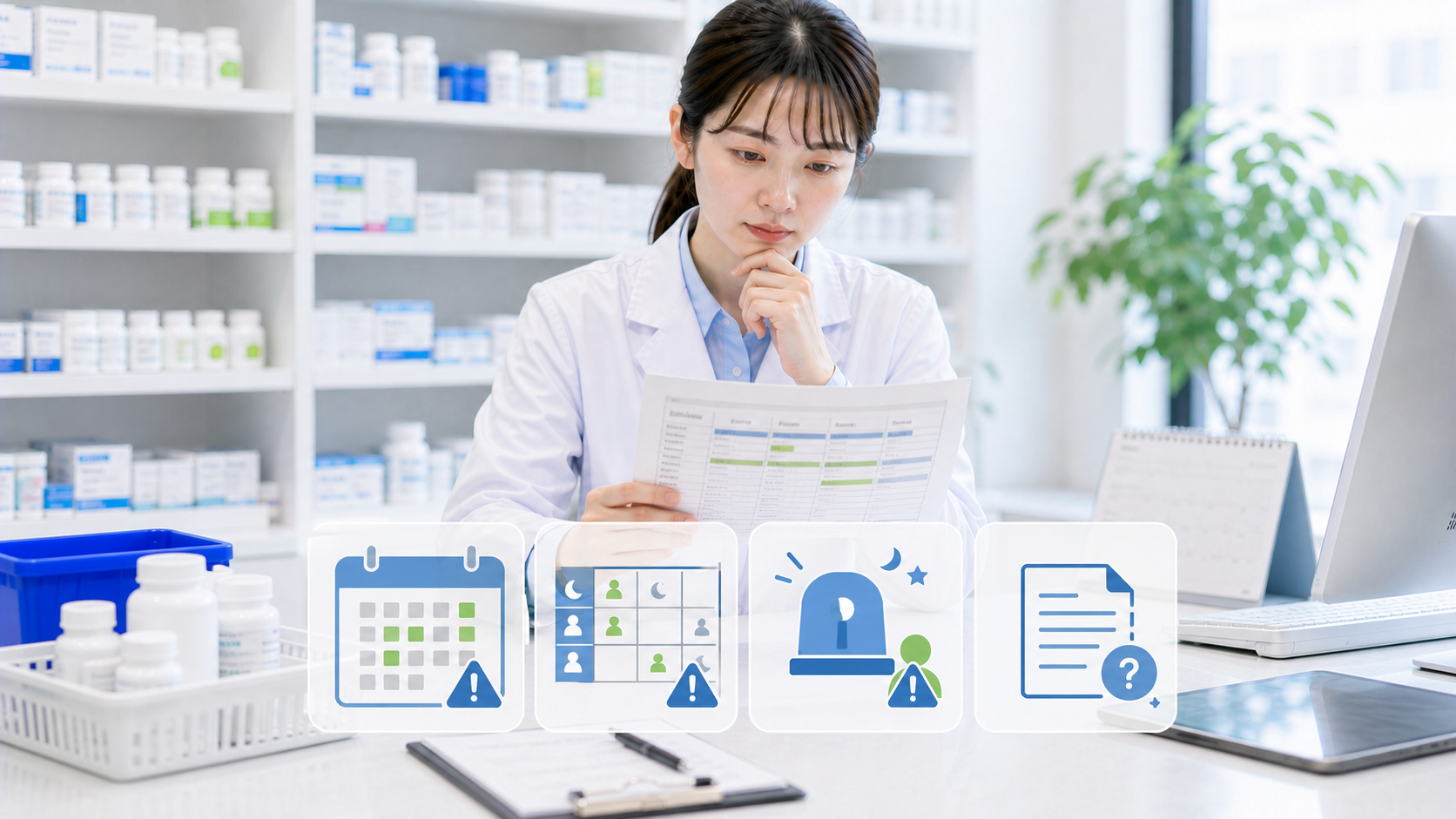 薬剤師が年間休日の求人と実際のシフト差を注意深く確認している画像