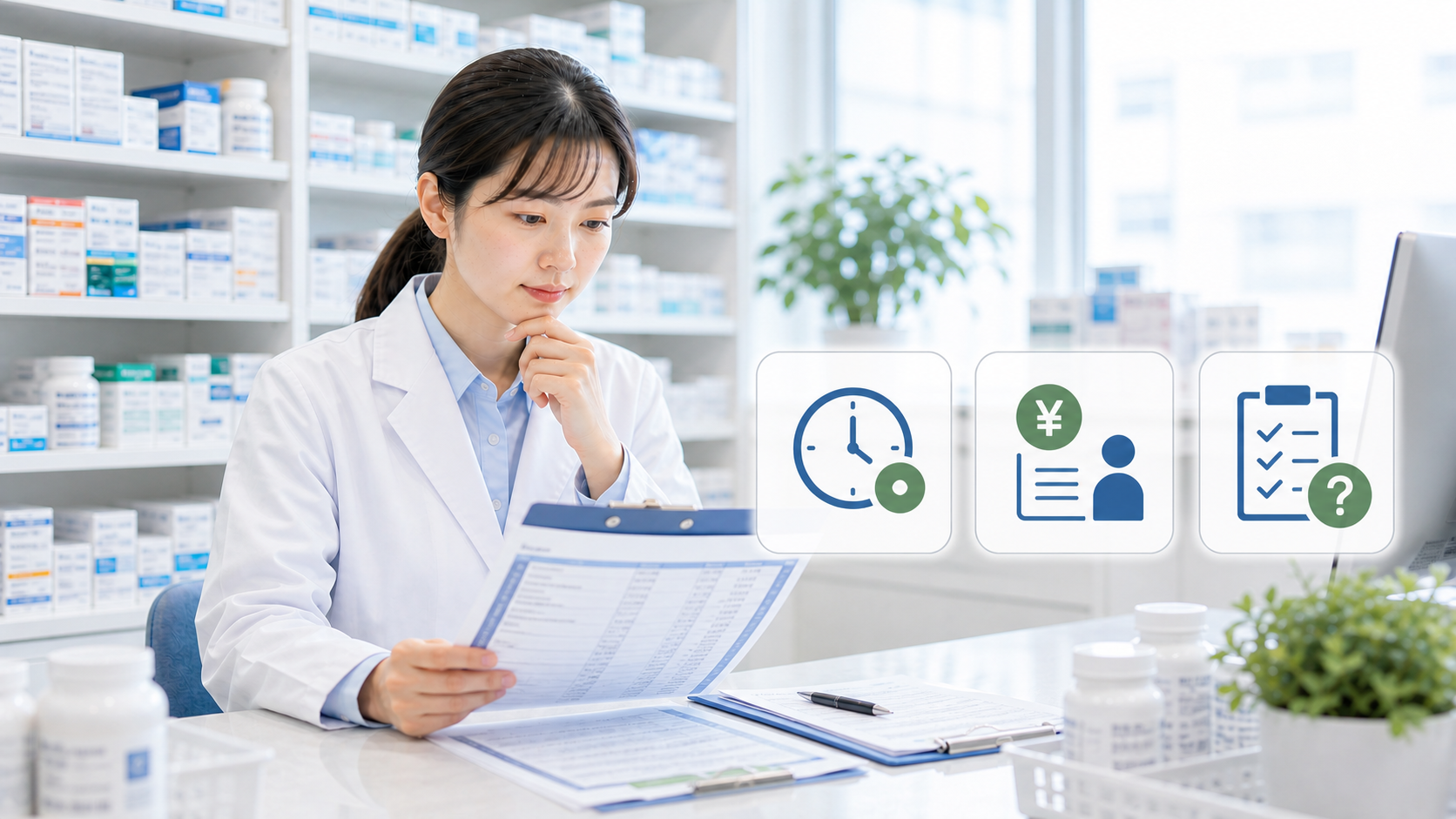 薬剤師が固定残業代の条件を時間と賃金と質問リストで整理しているサムネイル画像