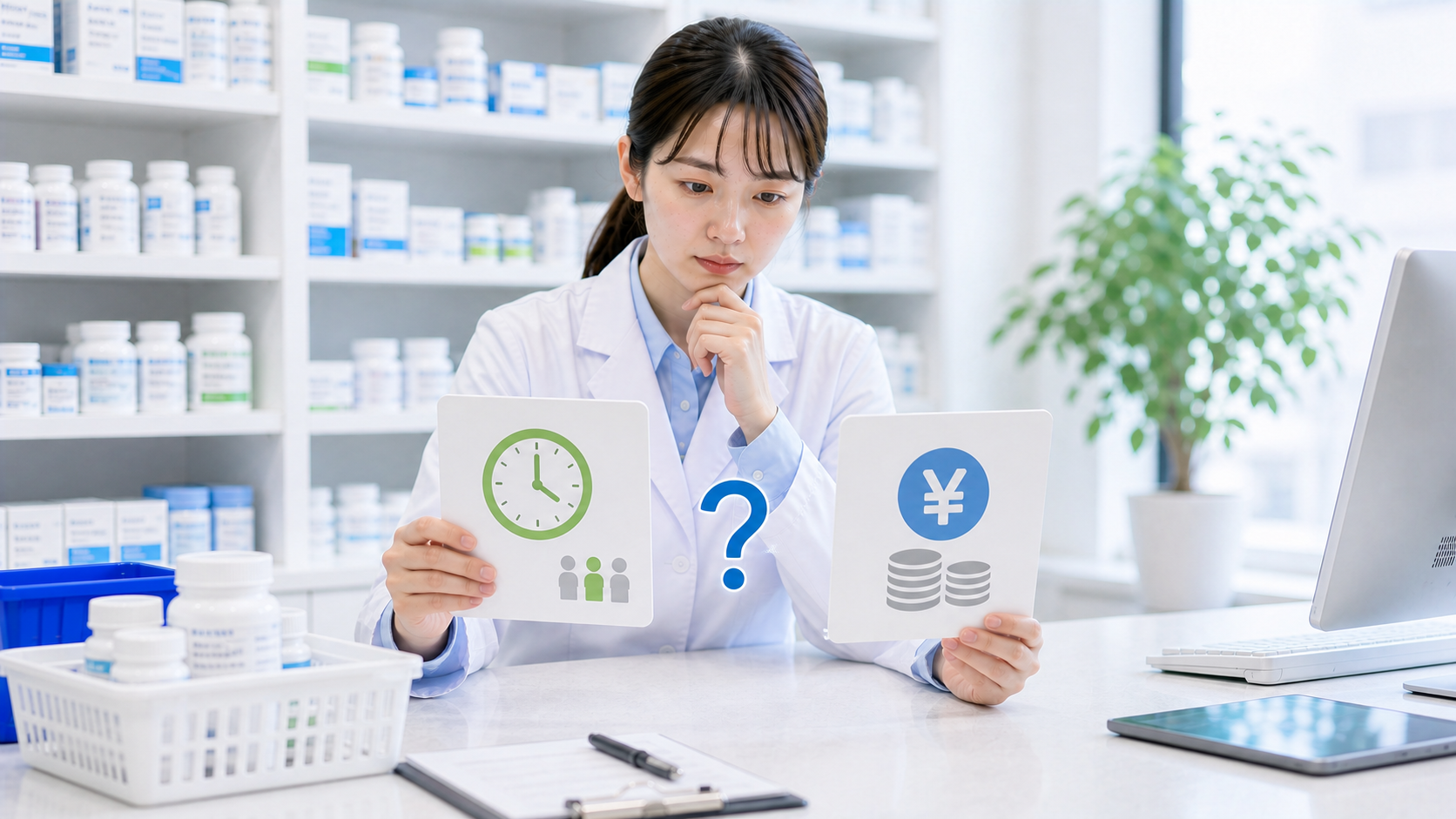 薬剤師が時間と賃金の条件差に注意しながら固定残業代を確認している画像