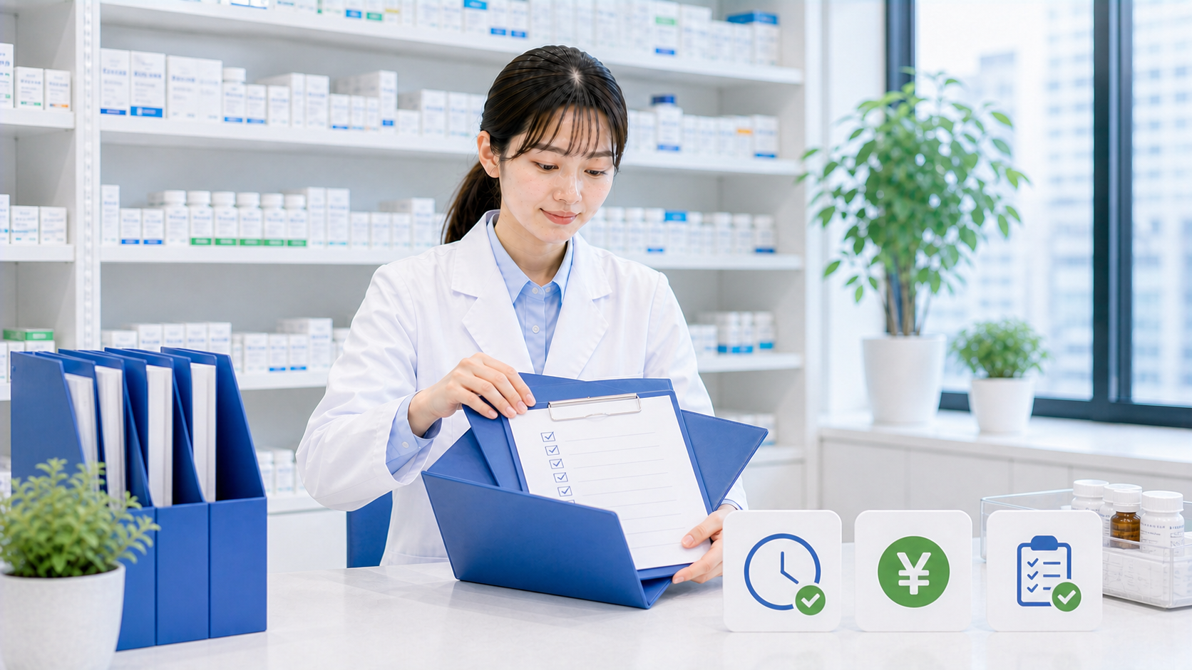 薬剤師が固定残業代の確認を終えて条件書類を整理している画像