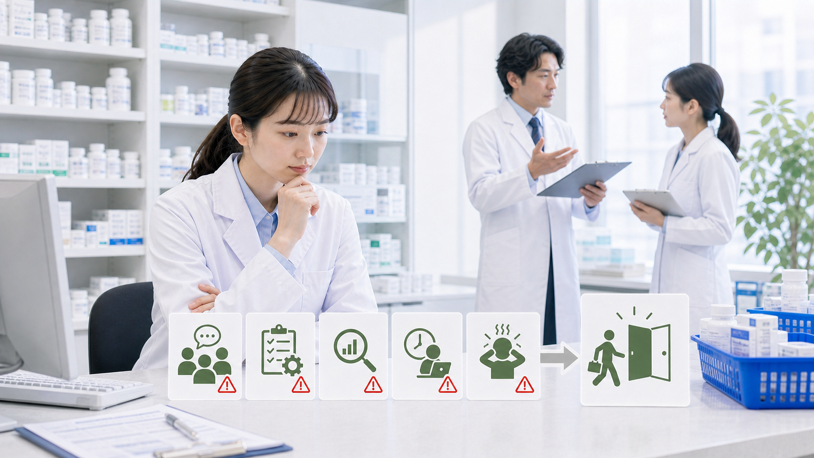 薬剤師が職場構造を確認し環境変更を判断している画像