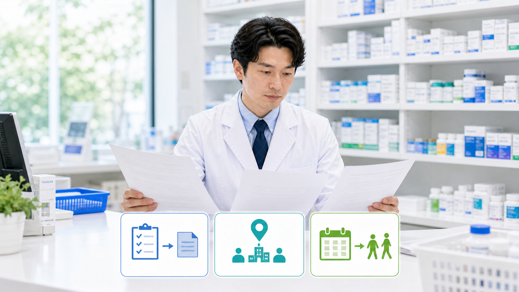 薬剤師が内定承諾前に求人票と面接回答と書面条件を照合している画像