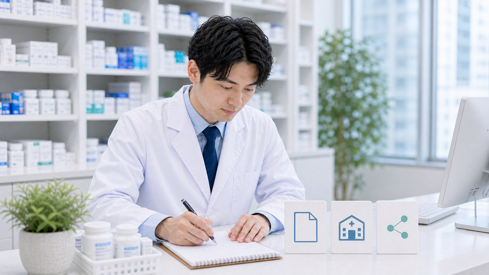 薬剤師が内定前の求人票と面接回答と職場見学メモを書面条件と照合している画像