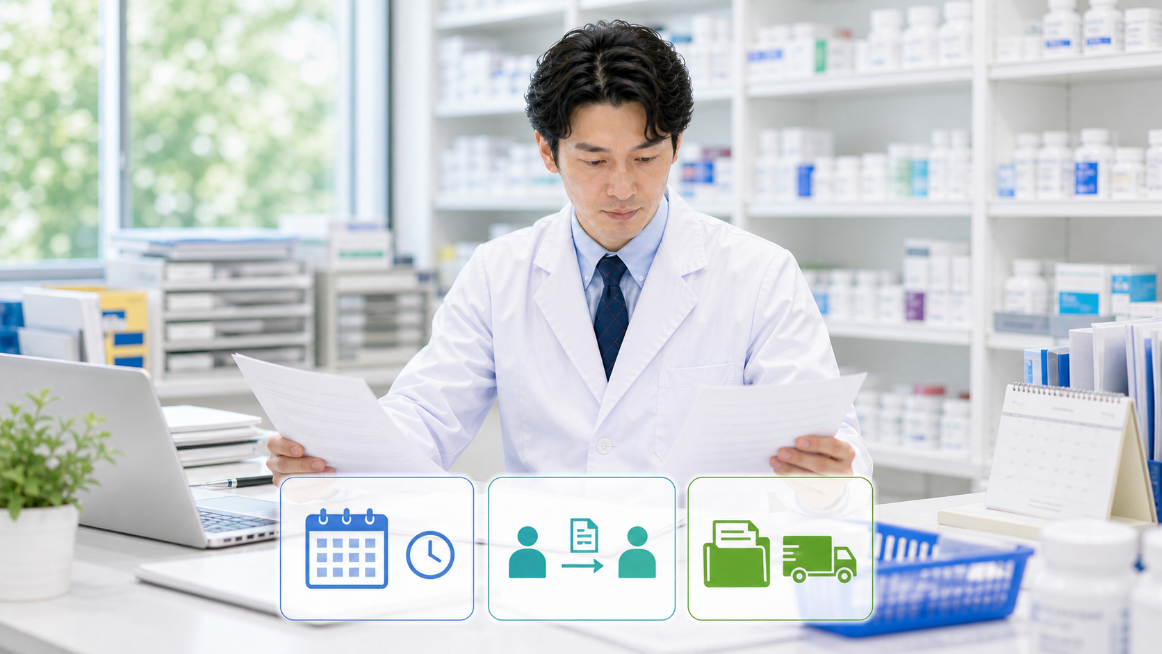 薬剤師が退職を伝える前に退職日と引き継ぎと書類を確認している画像
