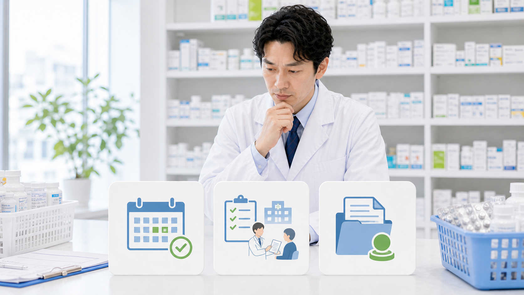 薬剤師が退職前に日付と引き継ぎと書類の3軸を確認している画像