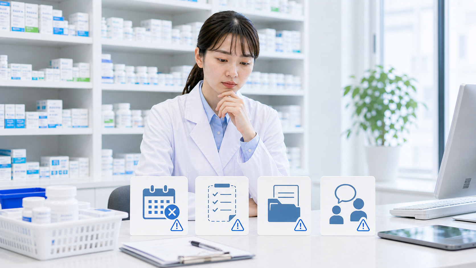 薬剤師が退職を伝える前に日付や引き継ぎの未整理サインを確認している画像